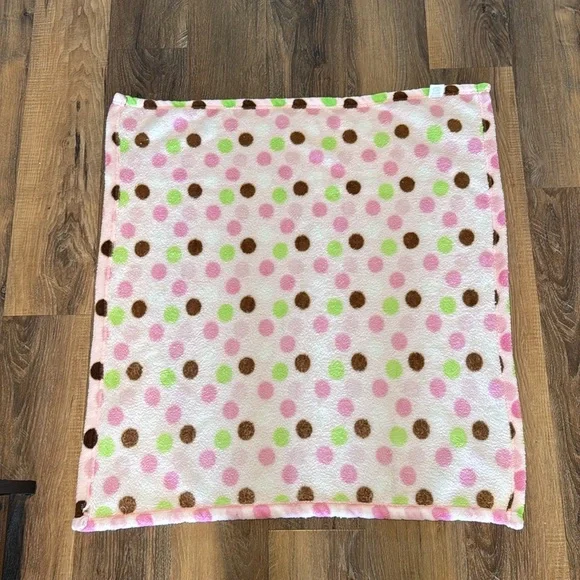 Little Beginnings Pink Polka Dot Baby Blanket Brown Green Soft Security - Picture 5 of 5